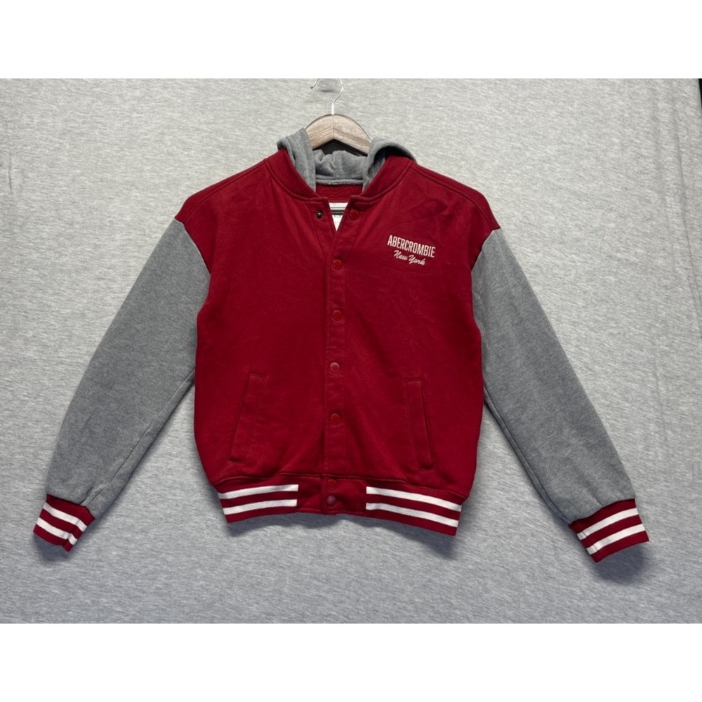 Abercrombie & Fitch Varsity Jacket Boy 9/10 Red Gray Embroidered Logo Snap Front